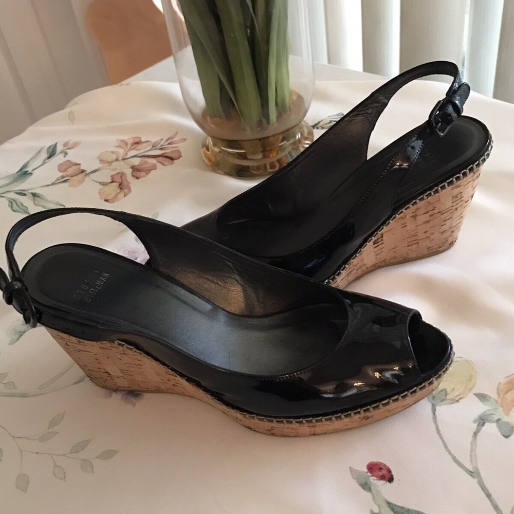 Stuart Weitzman Black Patent Leather Cork Wedge Sandal Heel Shoes. -Sz 10 1/2 M
